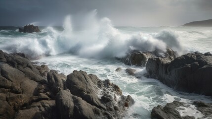 Dramatic Coastal Clash Ocean Waves Surge and Crash Amidst Stormy Skies