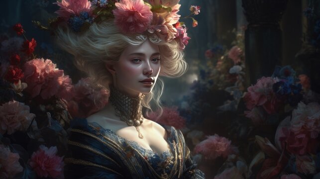 Portrait of an empress in her garden with pink roses