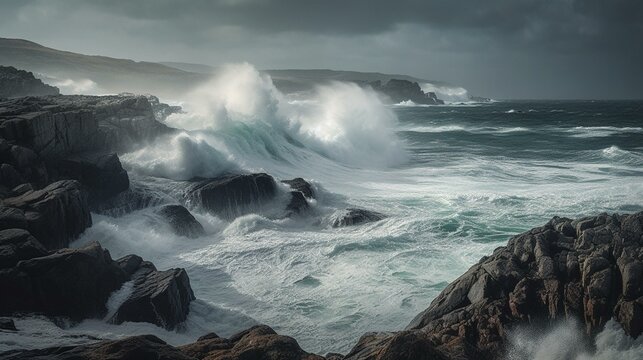 Fierce Ocean Encounter Waves Crash Against Rocks, Showcasing Nature's Might