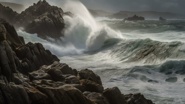 Chaos and Majesty Ocean Waves Converge with Rocks Amidst Stormy Drama