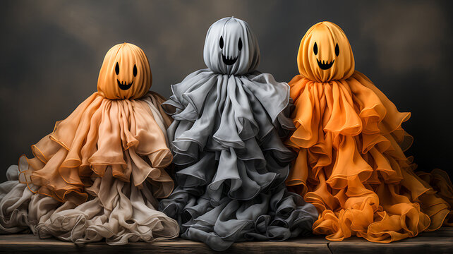 A picture of ghosts sitting together, all dressed up in yellow and orange clothing on dark background