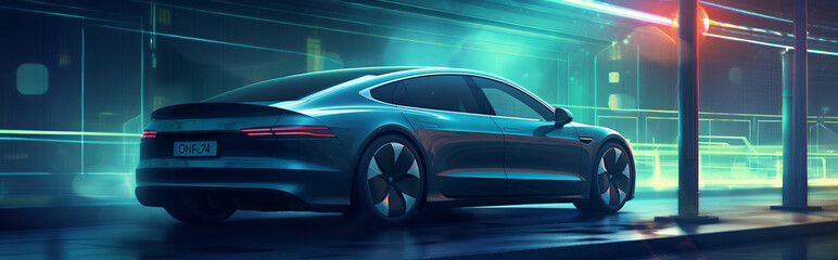 Naklejka premium Electric Car Charging at Modern Charging Station with Futuristic Cityscape Background, Copy Space, Generative AI