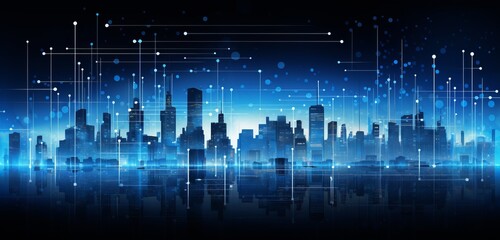 Blue Cityscape with Abstract Lines and Dots, Futuristic Technology Background with Copy Space, Generative AI