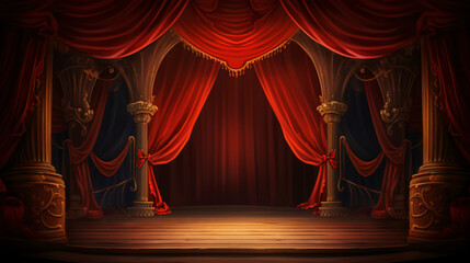 Theater stage with red curtain - obrazy, fototapety, plakaty