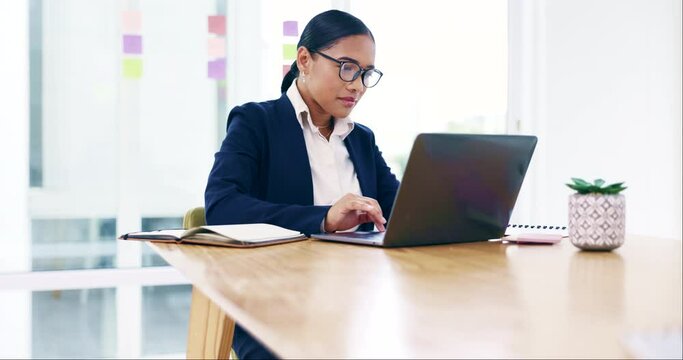 Laptop, office and professional woman typing feedback report, business project review or online administration note. Admin work, computer and female employee search company database for research info