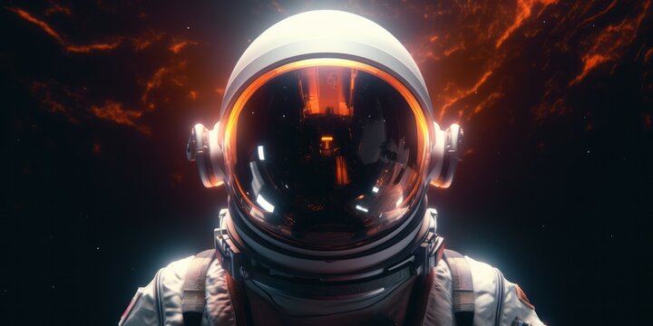 Futuristic Astronaut in Space Suit and Helmet Against Cosmic Background, Copy Space, Generative AI