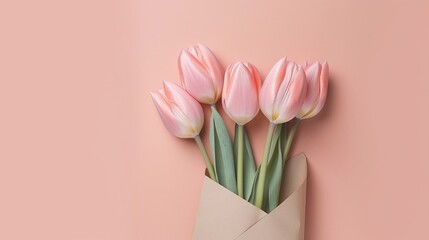 Bouquet of tulips in envelope. Flat lay top view