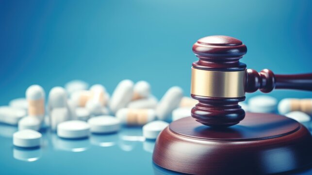 Gavel with pills. medical concept. Medical law and crime created with Generative AI technology