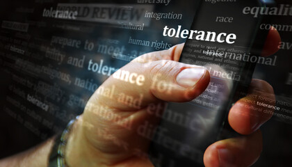 Tolerance equality respect news titles on screen in hand 3d illustration