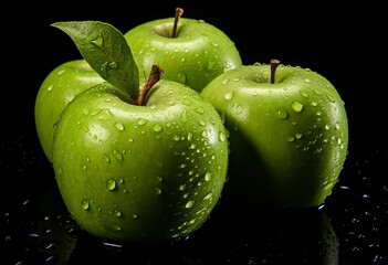 Apple with leaf on black background