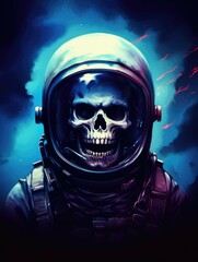 Dead astronaut. Skull in space suit on dark background. Digital art.