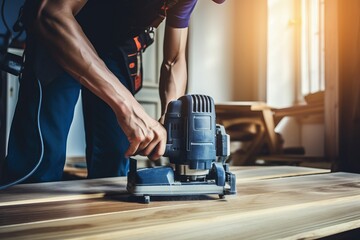 Man Installing Laminate Flooring with Portable Power Tool, Generative AI - obrazy, fototapety, plakaty