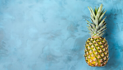 Ripe and juicy whole pineapple on a light blue concrete background. Tropical fruit. Summer concept. Top view, copy space.