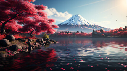 Colorful Autumn Season and Mountain Fuji with morning - obrazy, fototapety, plakaty