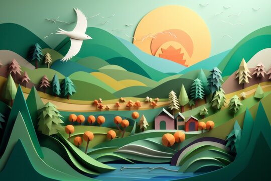 Paper Cut Out Illustration of Countryside Landscape with Sun, Birds, and Animals, Generative AI