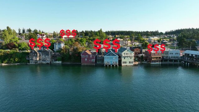 Waterfront homes with animated dollar signs depicting how the real estate market is crashing.