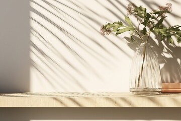 empty oak wood shelve next to a decor green leaves plant in glass vase with sunlight and foliage shadow on beige wall in background. generative ai.