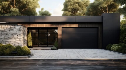 Modern and luxurious garage with driveway and roller door created with Generative AI technology - obrazy, fototapety, plakaty