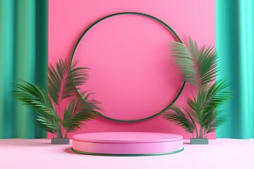 Empty Podium for Product Presentation, Summer Pedestal Stage, Minimal Summer Scene for Product Display. Generative AI