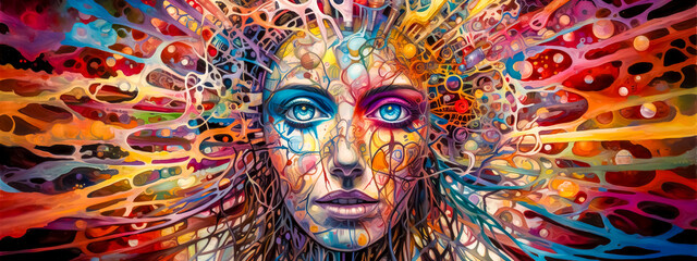 creative abstract thinking, neural networks in the brain, fantastically colorful world of illusion, banner