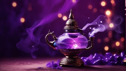 Magic genie lamp with purple background. Abstract enchanted Arabian nights wallpaper photography closeup shot with purle smoke coming out of the lamp - obrazy, fototapety, plakaty