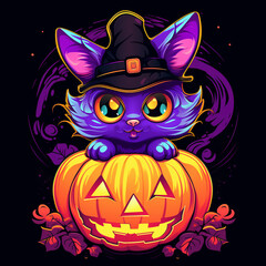Halloween-themed bright illustration - adorable big-eyed, purple kitten in witch hat who's playfully perched atop a vibrant orange pumpkin. Cartoon style