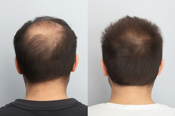 The head of a balding man before and after hair transplant surgery. Hair loss treatment.  - obrazy, fototapety, plakaty