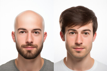 Portrait of young bald man before and after wearing wig.