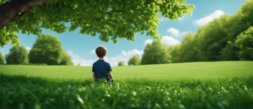 Wide-angle photo of a small child sitting in the bright green grass under the crown of a tree on the edge of the forest against a blue sky with clouds.