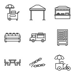 Street food retail icons set. Food market, kiosk, trolley, wheel market stall, mobile cafe, shop, tent, trade cart.