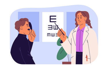 Medical examination, health checkup, eye chart exam. Ophthalmologist, oculist, optician, optometrist, doctor diagnoses poor vision, patient checks eyesight. Flat isolated vector illustration on white