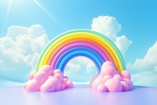 Colorful Rainbow with Clouds 3D Render Cartoon Style, Candy Color New Pop Illustration. Generative Ai