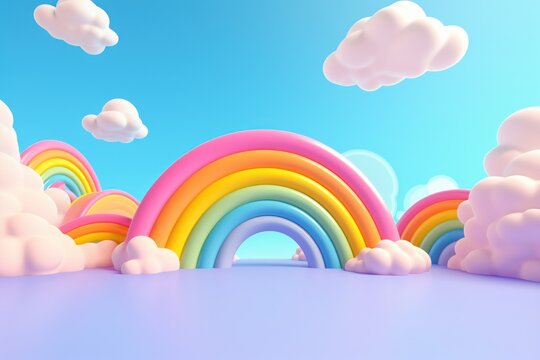 Colorful Rainbow with Clouds 3D Render Cartoon Style, Candy Color New Pop Illustration. Generative Ai