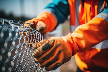 Man workers wearing safety helmets and gloves install chain wire mesh fence.