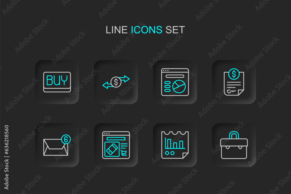 Sticker Set line Briefcase, Document with graph chart, Online shopping on screen, Mail and e-mail, Contract money, Pie infographic, Money exchange and Buy button icon. Vector