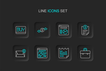 Set line Briefcase, Document with graph chart, Online shopping on screen, Mail and e-mail, Contract money, Pie infographic, Money exchange and Buy button icon. Vector