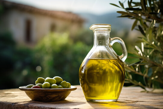 A bottle of olive oil against the background of an Italian city