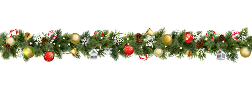 Vector Christmas Branches Border with Christmas Decorations