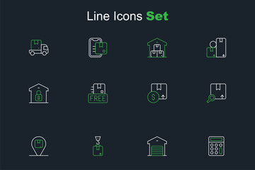 Set line Calculator, Warehouse, Crane with cardboard box, Location, Search package, Carton, Cardboard free symbol and Closed warehouse icon. Vector