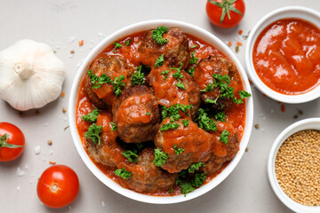 Tasty meat food and homemade food concept - meatballs