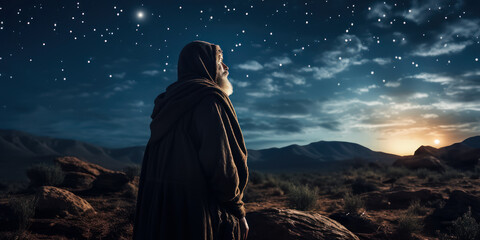 Abraham's Faith in God's Promise: Abraham stands on the steppes, looking up at the stars, believing in God's promise. - obrazy, fototapety, plakaty