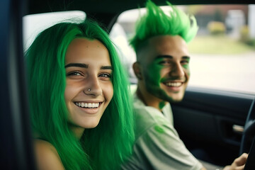 Fototapeta na wymiar Young couple with green hair laughing while driving car on road trip on summer day, generative ai