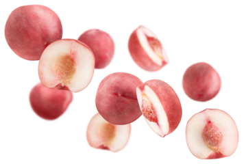 Levitation of pink peaches isolated on transparent background.