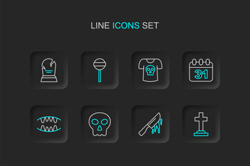 Set line Tombstone with cross, Bloody knife, Skull, Vampire teeth, Halloween date 31 october, Shirt skull, Lollipop and RIP written icon. Vector