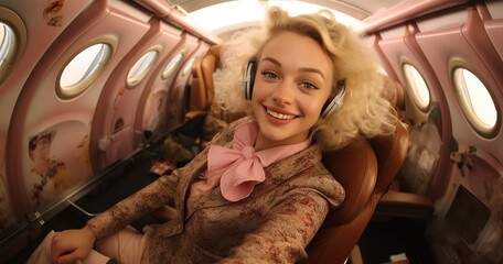 A smiling woman dressed in stylish clothing sits contentedly on an airplane, her headphones providing a calming soundtrack to her journey, airplane fish eye selfie