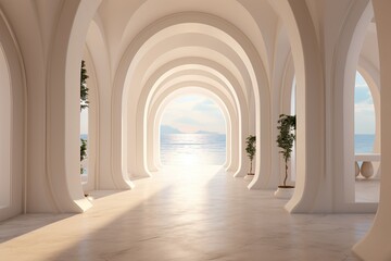 This pristine white hallway with its symmetrical arches, majestic columns, and lush outdoor greenery creates an enchanting architectural space that blends indoor and outdoor beauty