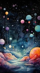 This vibrant and imaginative painting of planets and stars captivates viewers with its whimsical use of color and texture, creating a mesmerizing landscape of the unknown