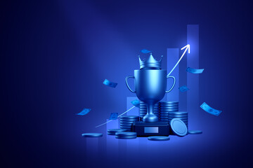 Growth business financial success investment concept on increase strategy trophy award 3d background of marketing achievement target finance money chart or digital champion economy goal arrow market.
