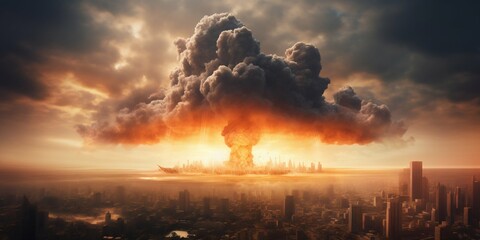 Nuclear Explosion's Mushroom Cloud over City Skyline. Generative ai