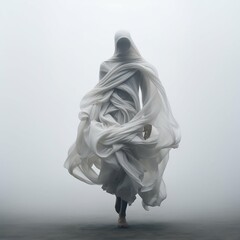 Fototapeta premium Ghostly Robotic Woman in White Dress on Foggy Day. Generative ai